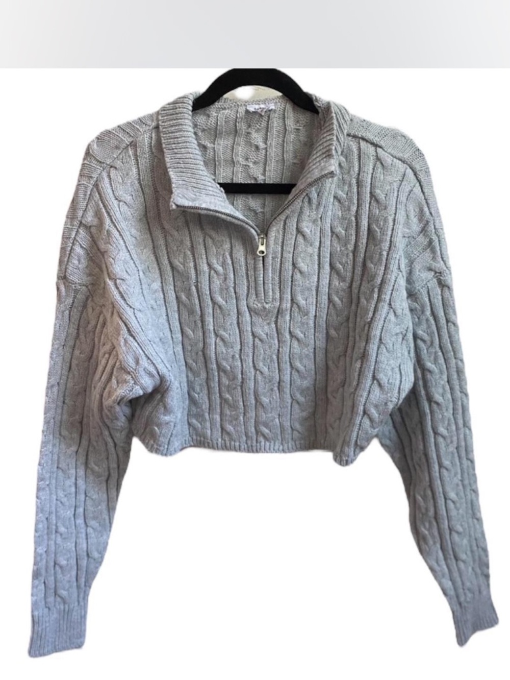 Garage Gray Cable Knit Cropped Half-Zip Sweater